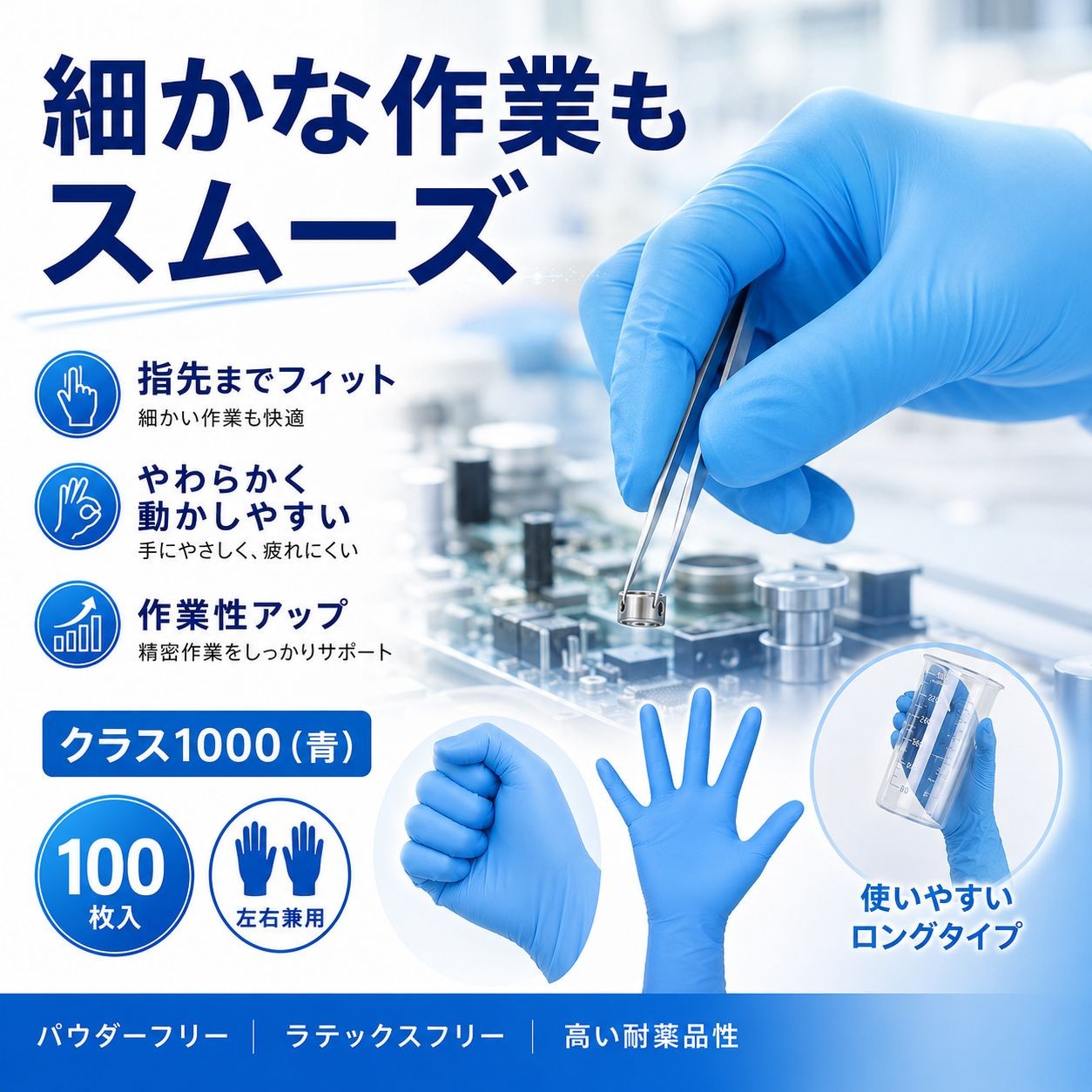 Nsa15　クリーンルーム用ニトリル手袋12インチ（クラス1000・100枚入）Sサイズ / Sサイズ / 青（画像 5）
