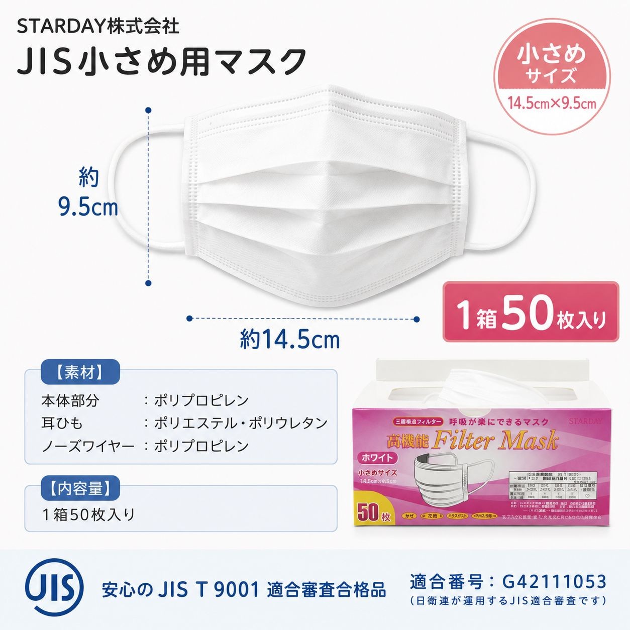 JIS規格適合マスク　小さめサイズ 一般用 2000枚 50枚入×40箱 / 小さめサイズ（画像 5）