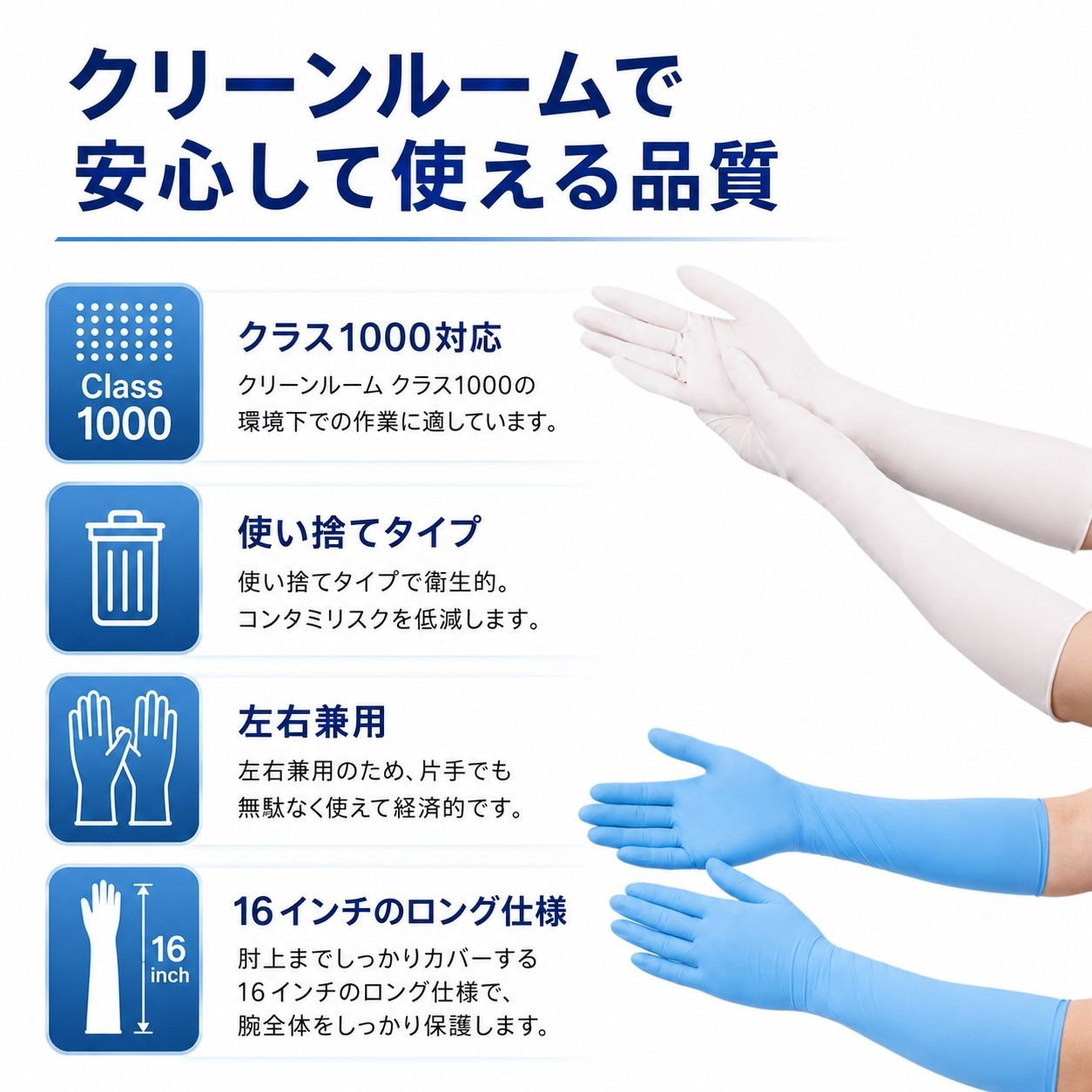 Nsa1213-001　クリーンルーム用ニトリル手袋16インチ白色Mサイズ（クラス1000・50枚入） / Mサイズ / 白（画像 2）