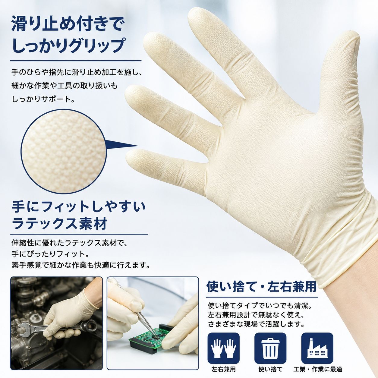 Nsa1617-12l　クリーンルーム用ラテックス手袋12インチLサイズ（クラス100・100枚入） / 12インチ Lサイズ / 白（画像 3）