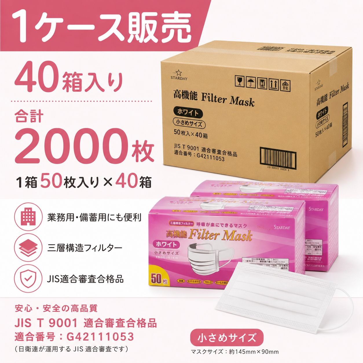 JIS規格適合マスク　小さめサイズ 一般用 2000枚 50枚入×40箱 / 小さめサイズ（画像 4）