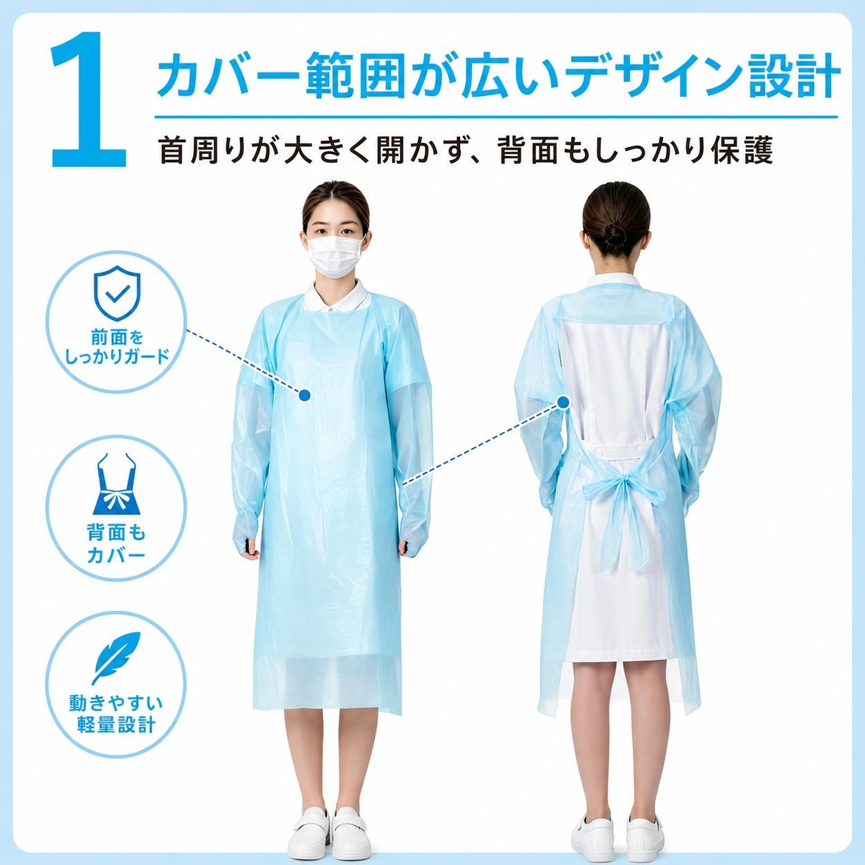 プラスチックガウン 個包装 10枚入 / フリーサイズ / ブルー（画像 2）