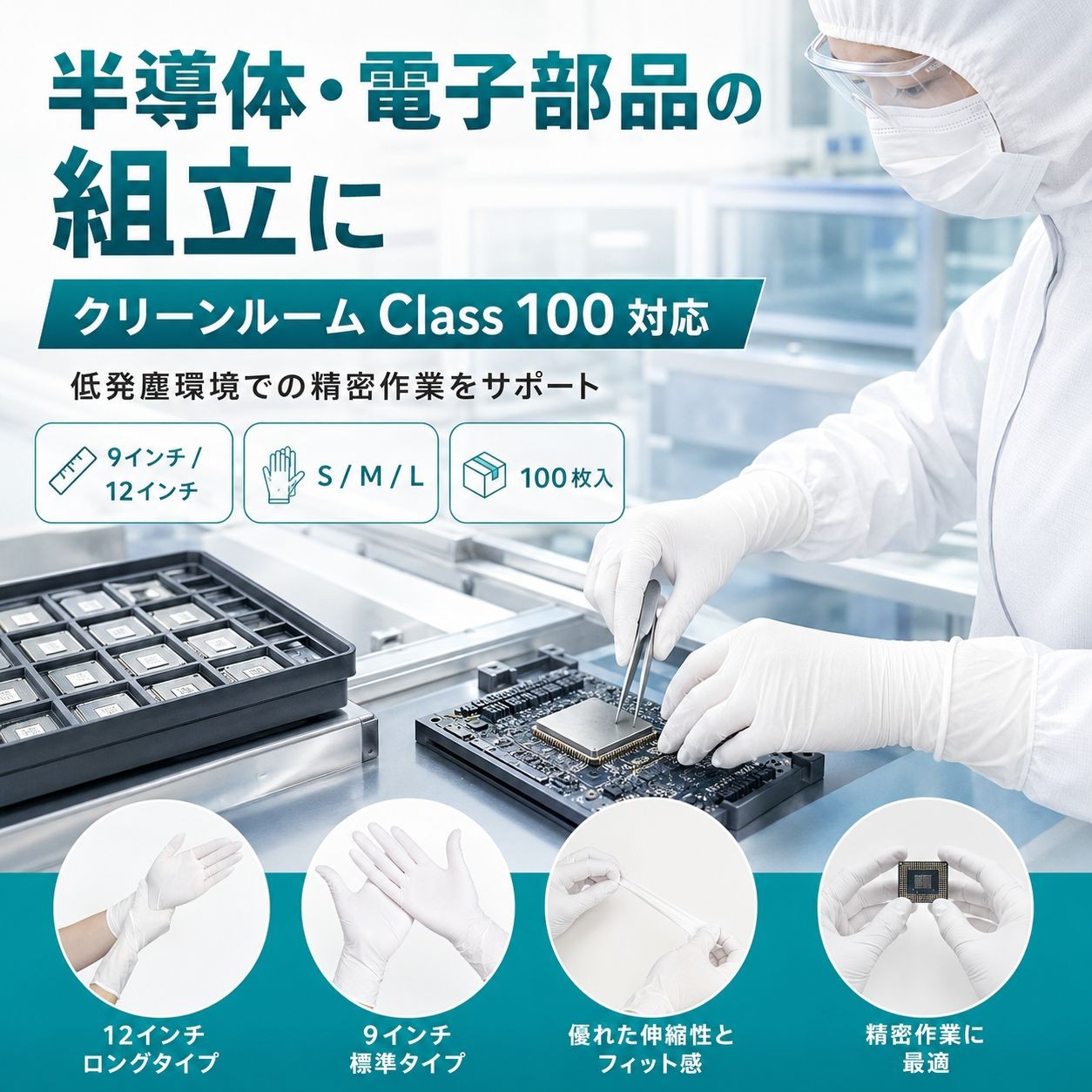 Nsa0910-9s　クリーンルーム用ニトリル手袋9インチSサイズ（クラス100・100枚入） / 9インチ Sサイズ / 白（画像 3）