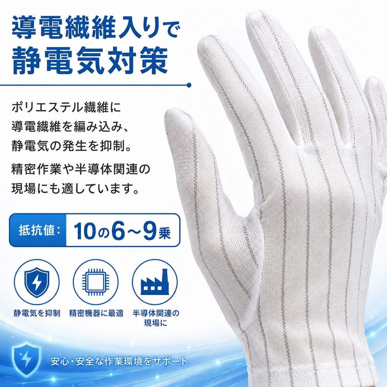 Nsa21-001　帯電防止手袋　5双1袋（10枚）抵抗値：10の6-9乗　Mサイズ / Mサイズ / 白（画像 7）