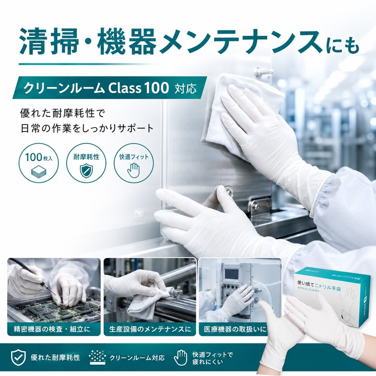 Nsa0910-9s　クリーンルーム用ニトリル手袋9インチSサイズ（クラス100・100枚入） / 9インチ Sサイズ / 白（画像 6）